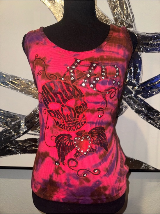 Harley-Davidson Tops - Harley-Davidson Pink and Purple Tie-Dye Studded Graphic Tank